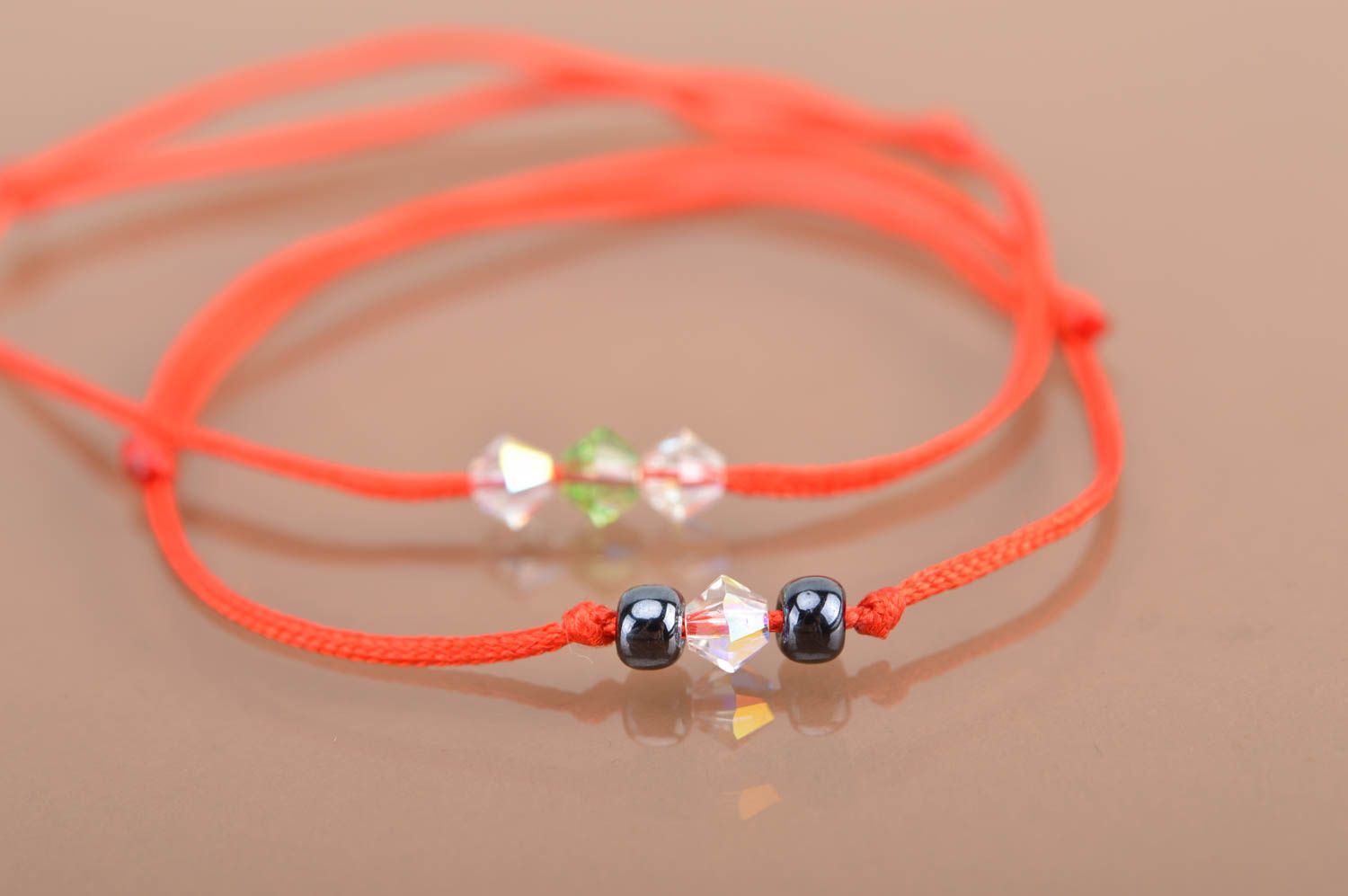 Set of 2 handmade designer red woven friendship bracelets with beads photo 5