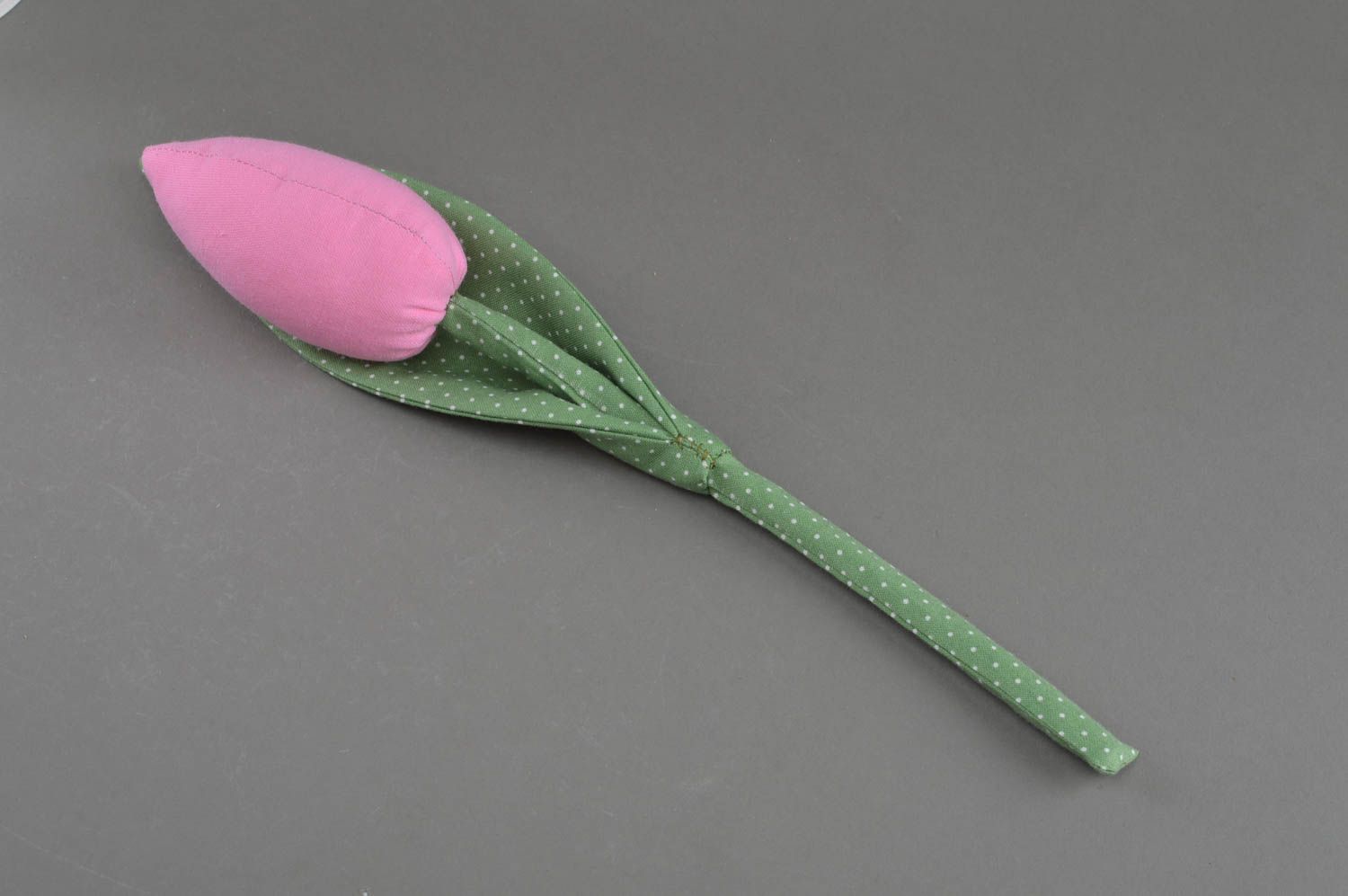 Handmade decorative soft fabric flower tender pink tulip on green stalk interior photo 1