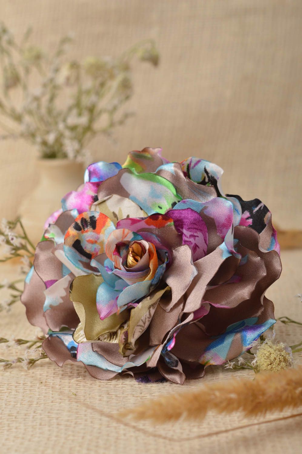 Broche Barrette fleur multicolore faite main grande en satin Cadeau femme photo 5