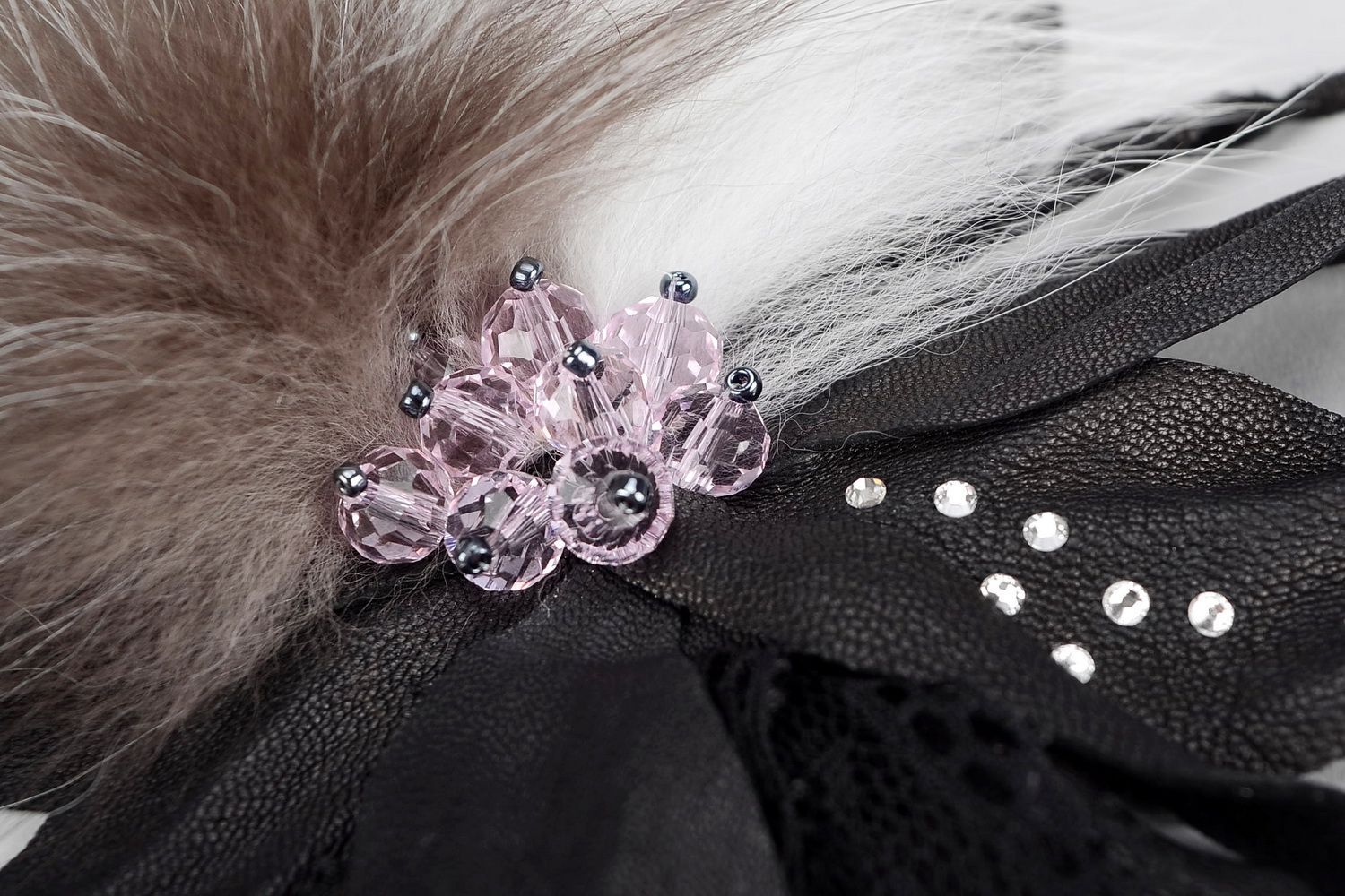 Leather brooch with fur, lace, beads Leather chic photo 3