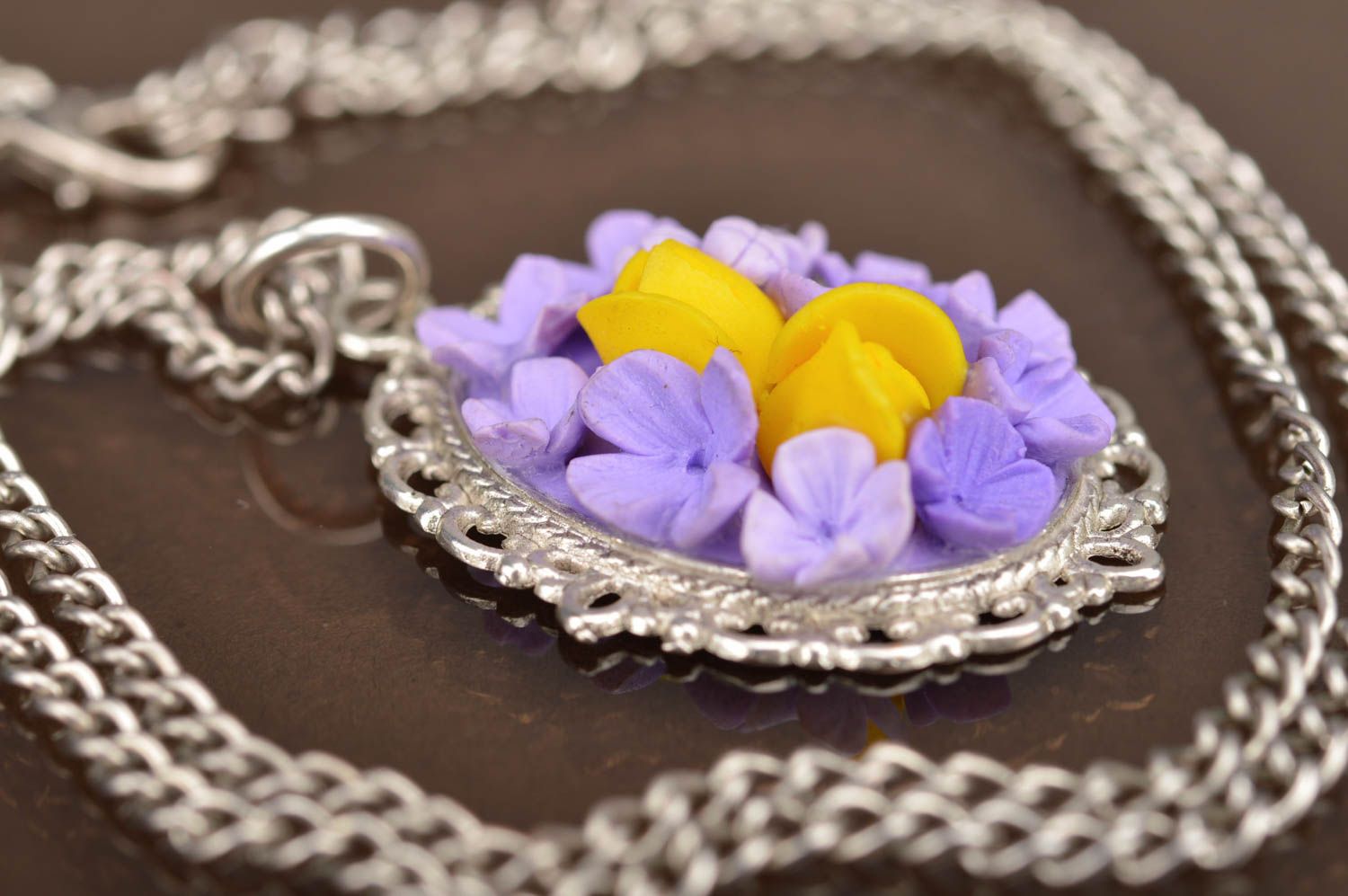 Beautiful handmade gentle lilac flower pendant molded of polymer clay photo 3