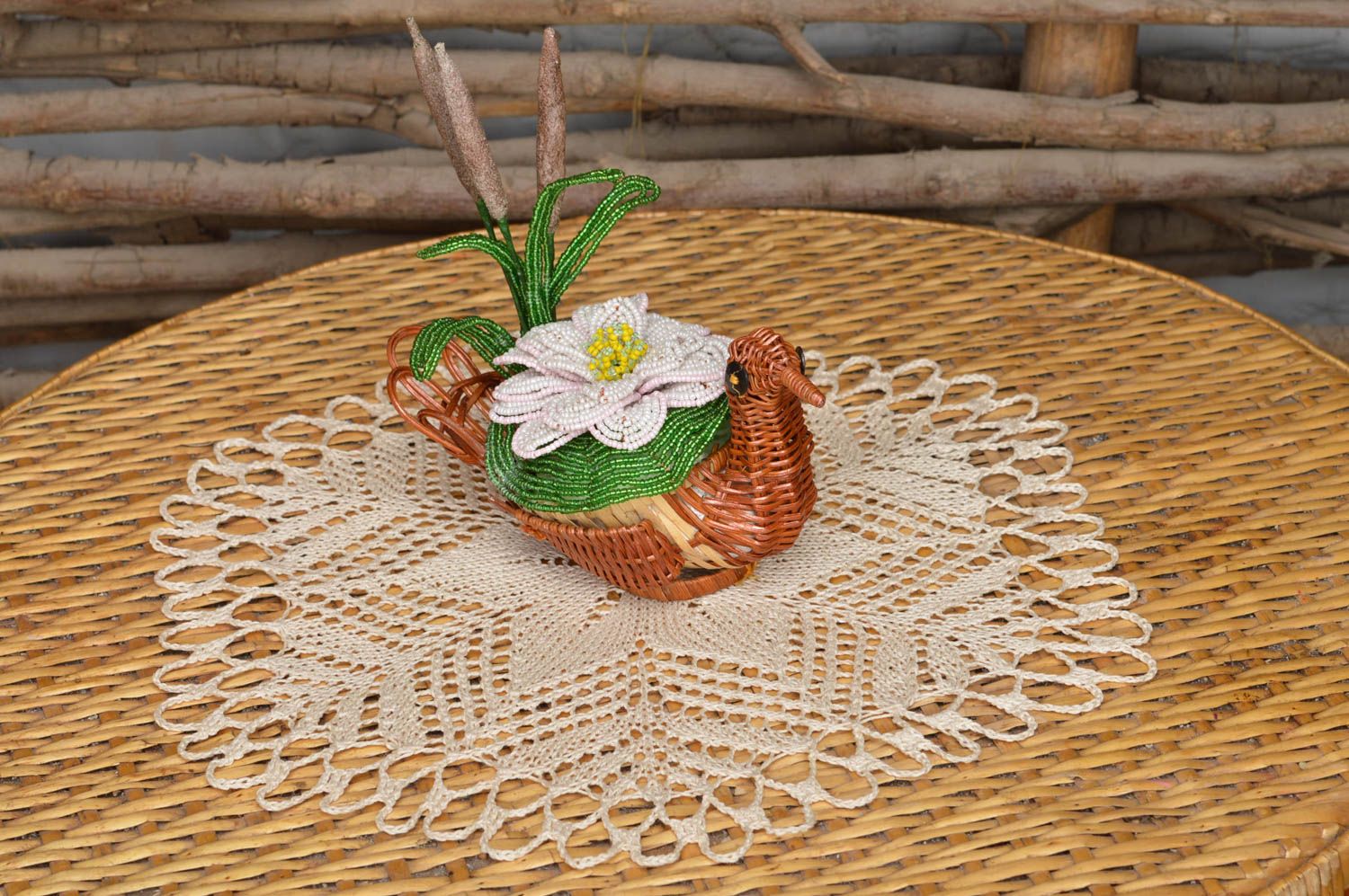 Handmade decorative crochet table napkin and woven cachepot with beaded flower photo 1
