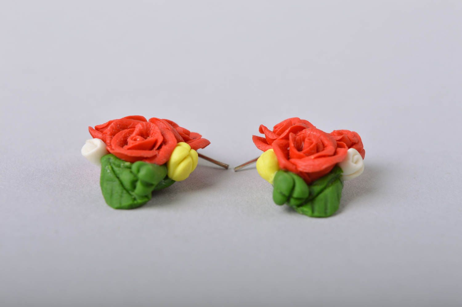 Handmade small stud earrings with cold porcelain red rose flower compositions photo 5
