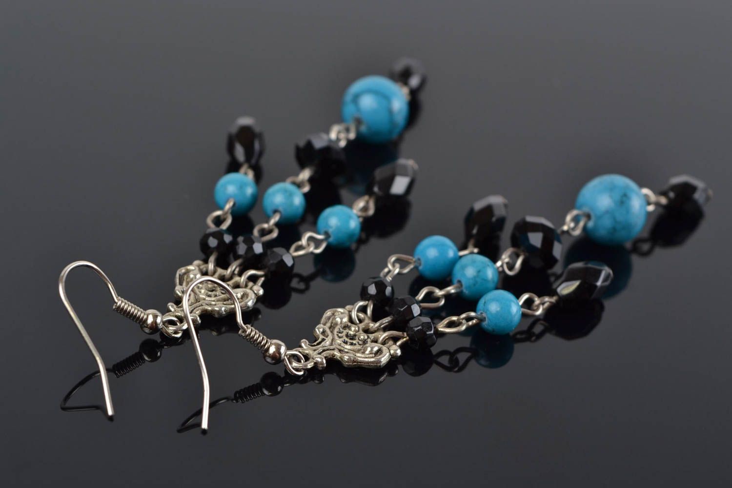 Handmade Czech glass earrings long black and blue female designer accessory photo 1