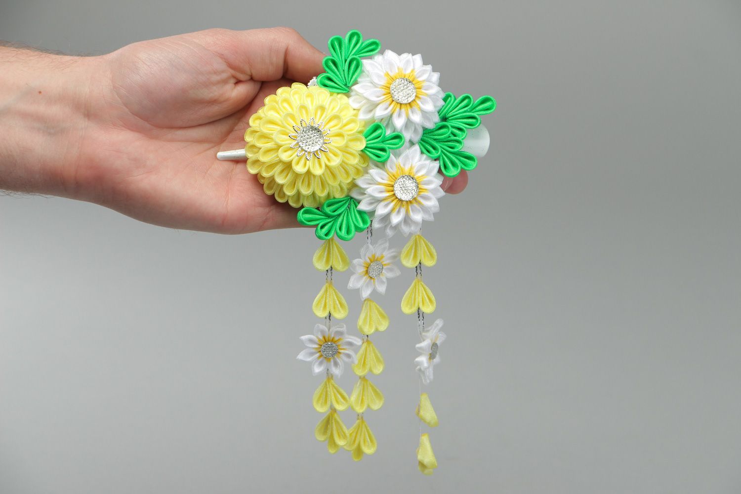 Kanzashi hair clip hand made of satin ribbons in green yellow and white colors photo 4