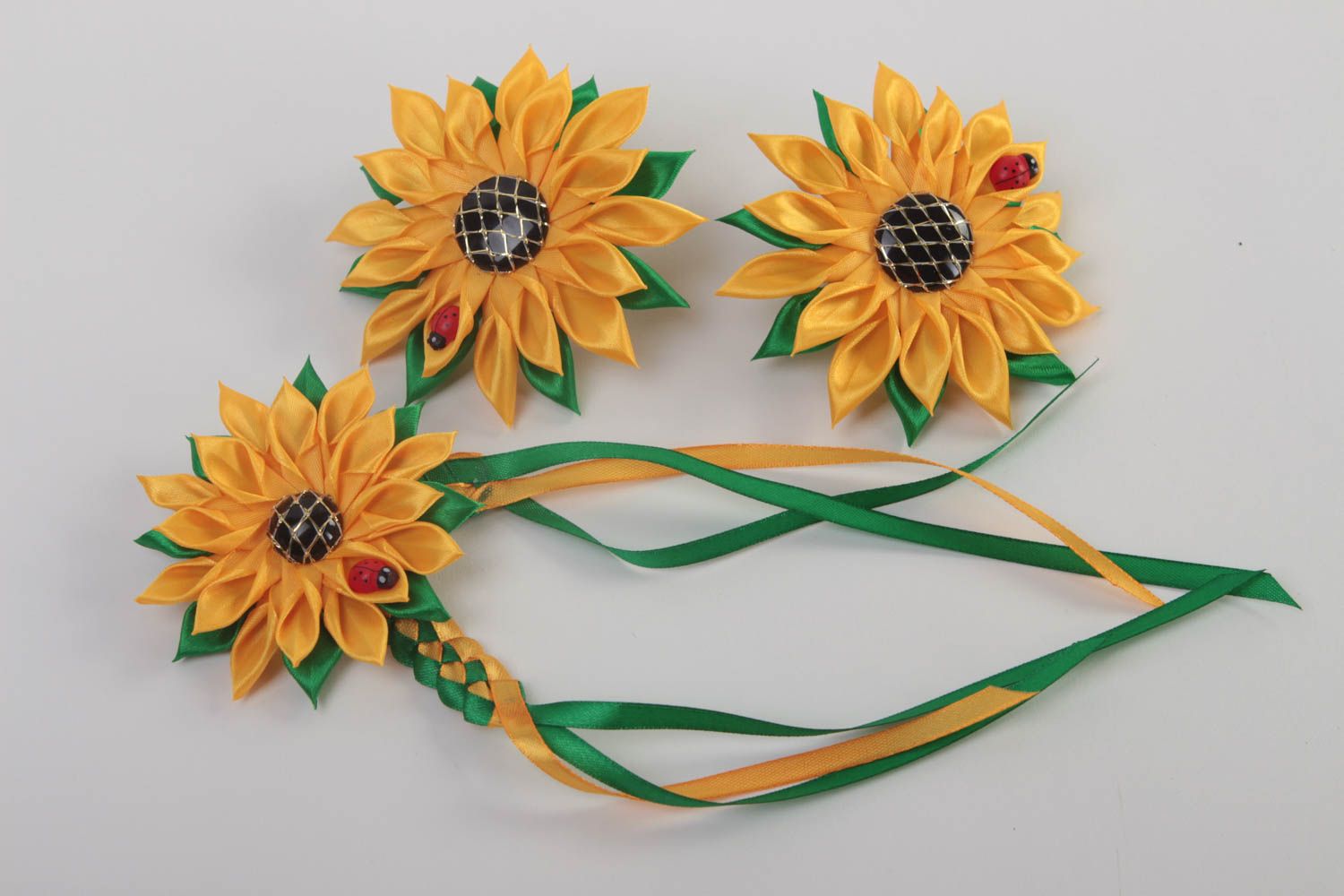 Handmade jewelry set 3 flower hair ties flower bracelet kanzashi flowers  photo 2