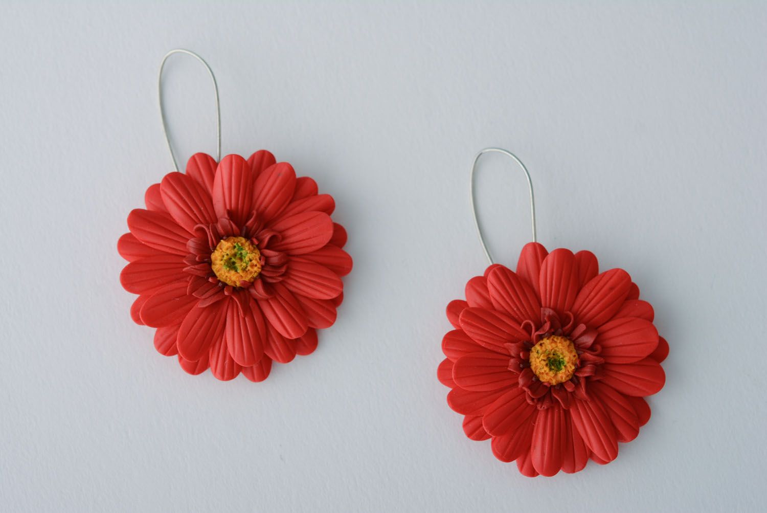 Polymer clay floral earrings Red Gerberas photo 1