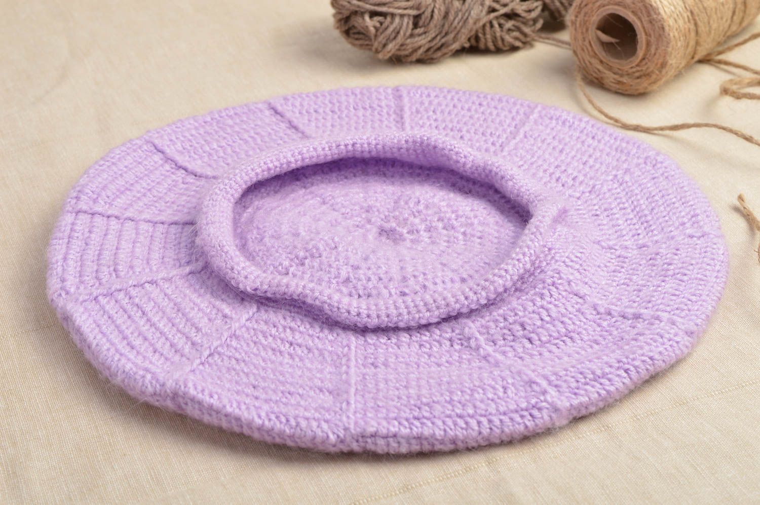 Crocheted handmade beret stylish lilac cap for girls unusual winter cap photo 1