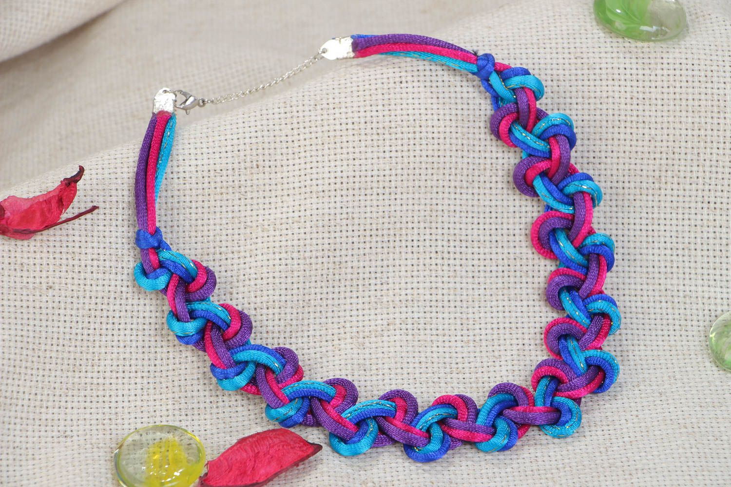 Handmade bright necklace made of textile cords elegant summer accessory for girls photo 1
