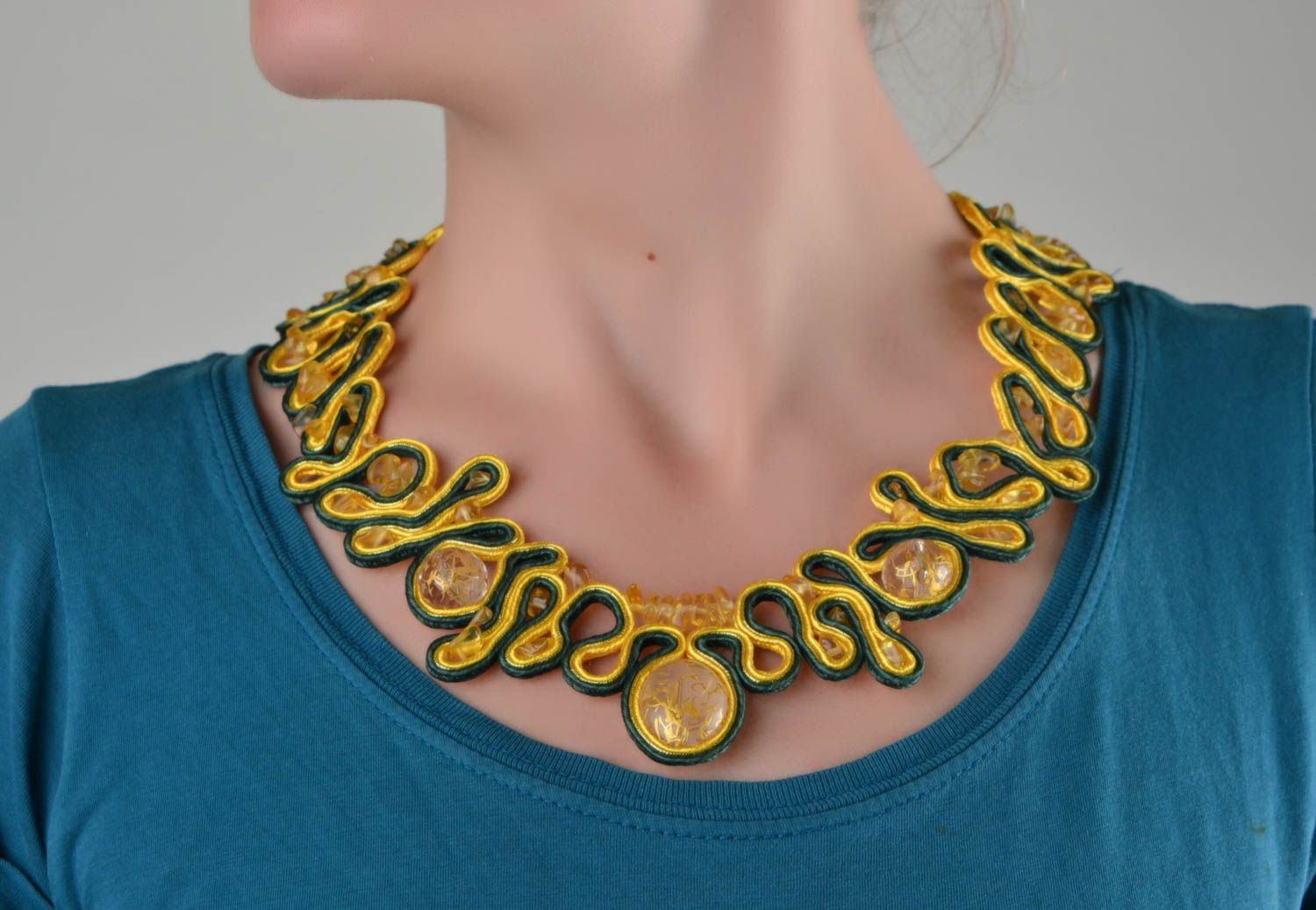 Beautiful handmade soutache necklace with glass beads designer accessory photo 1