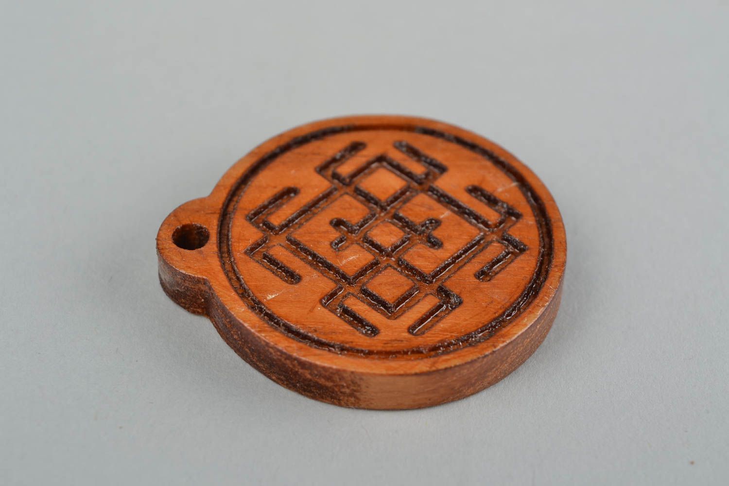 Small handmade natural acacia wood round ethnic amulet pendant Slavic symbol  photo 4
