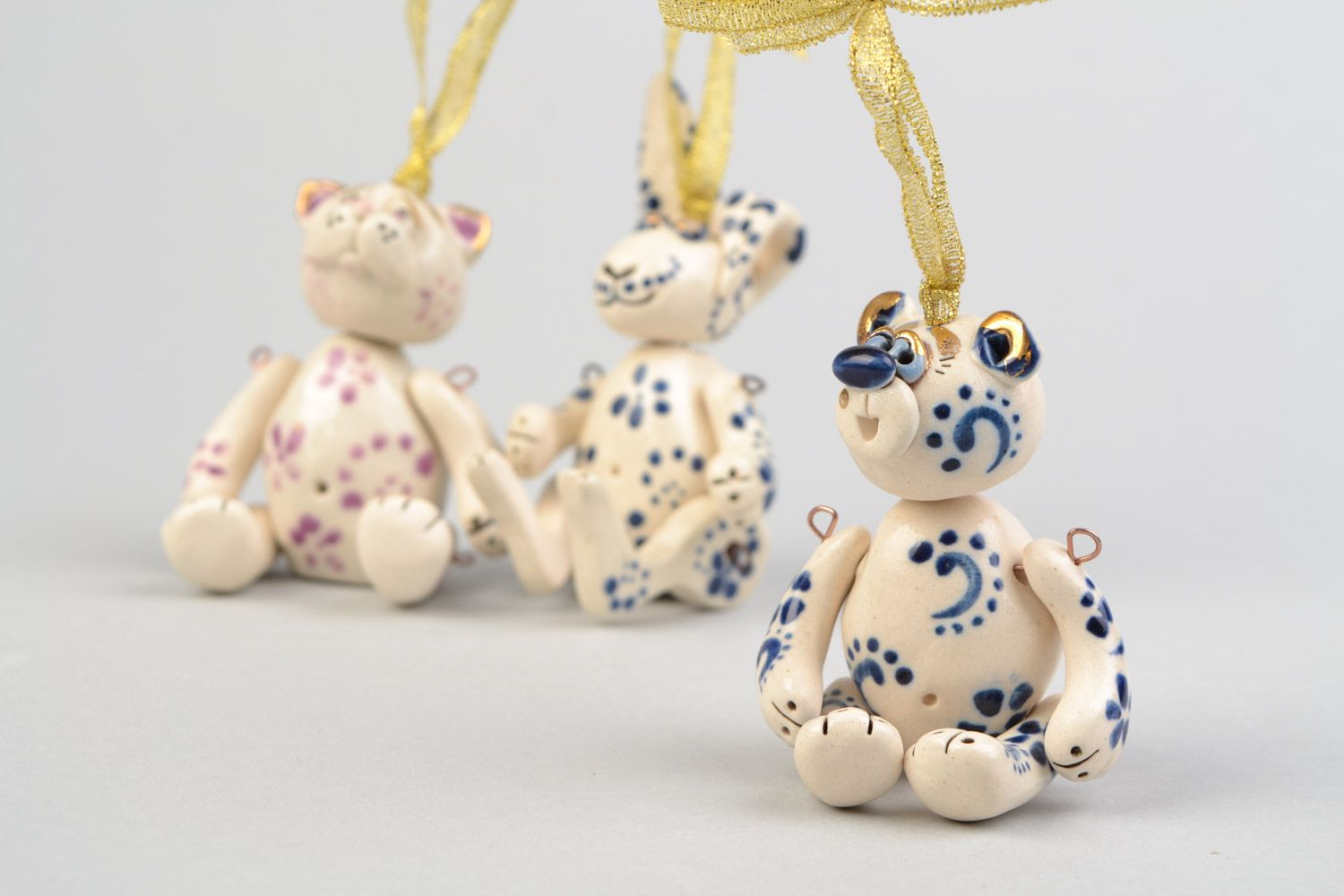Set of 3 handmade ceramic wall hangings with ribbons bear rabbit and cat photo 4
