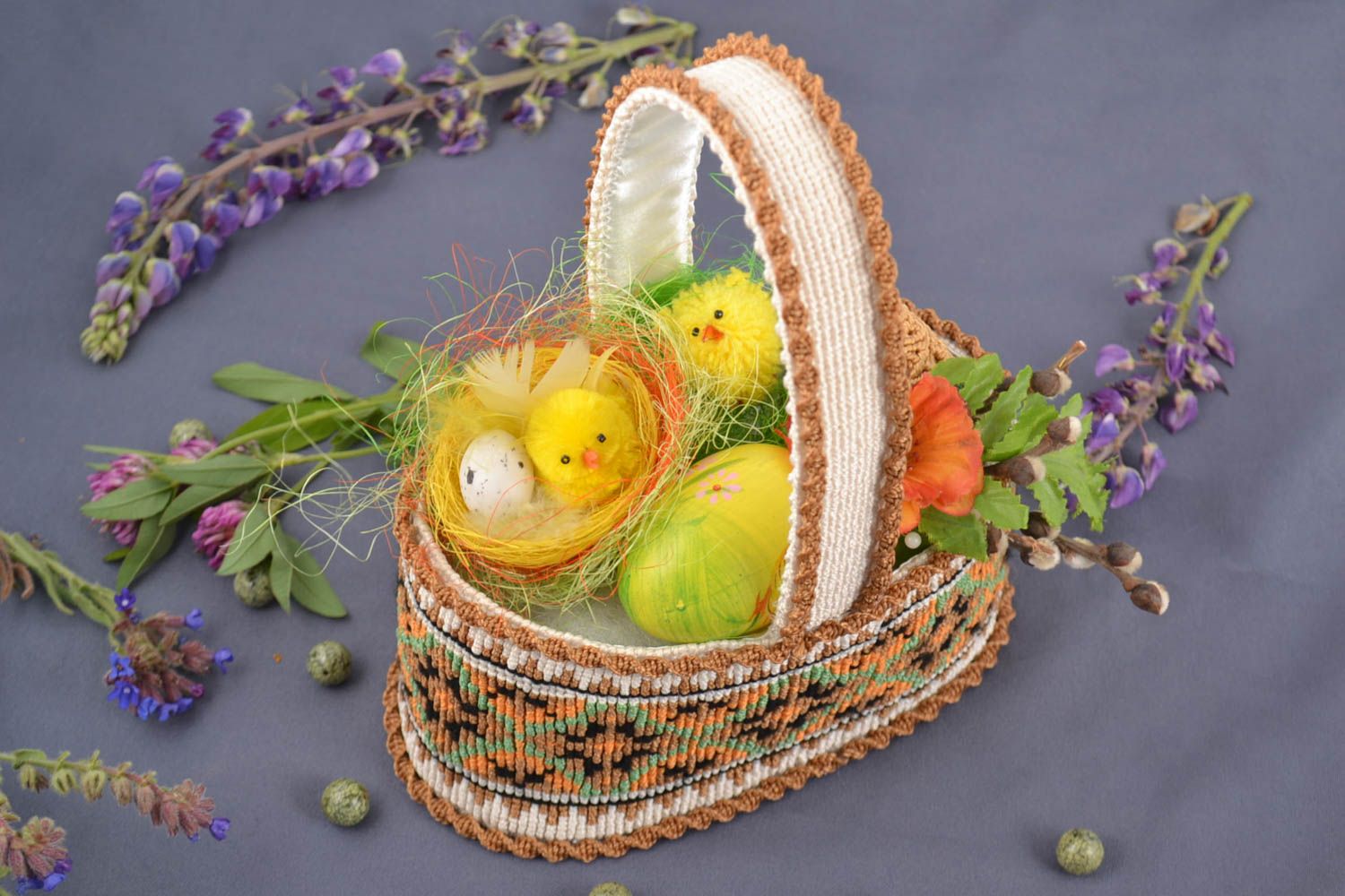 Handmade small decorative macrame woven Easter basket with egg and chickens photo 1