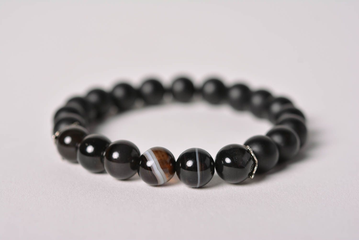 Handmade laconic wrist bracelet with natural black agate stone beads for women photo 4