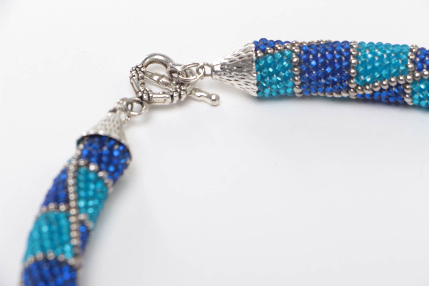 Handmade stylish beaded cord necklace in blue color palette with faceted beads photo 4