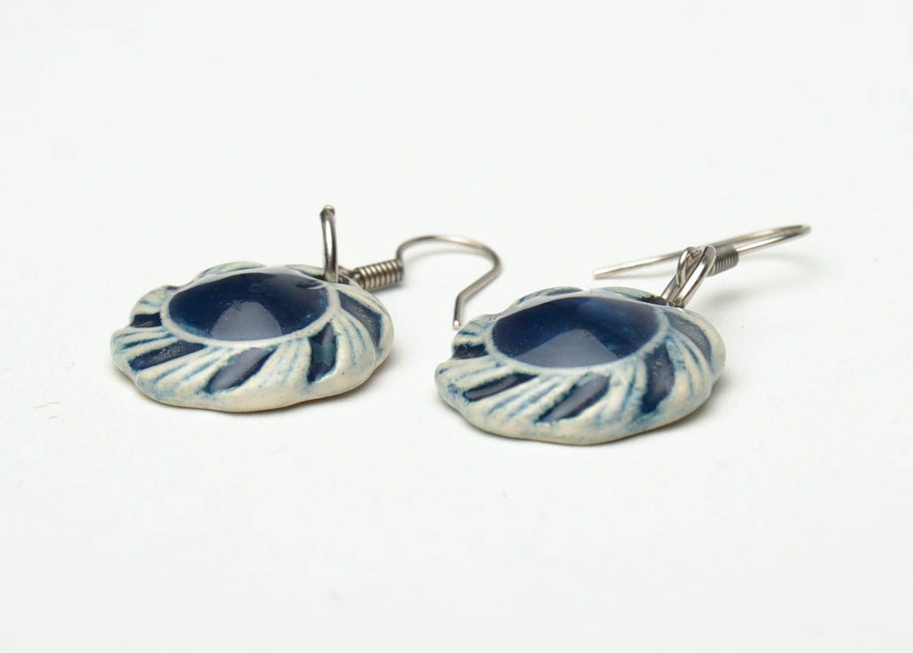 Handmade blue round clay earrings painted with color enamels photo 3