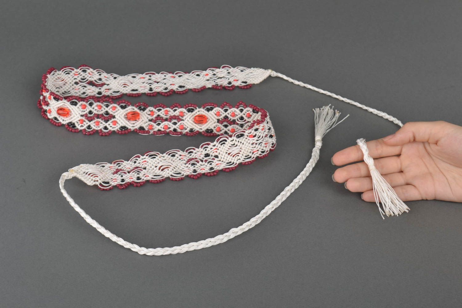 Ceinture textile Accessoire fait main tressé rouge blanc Cadeau femme original photo 4