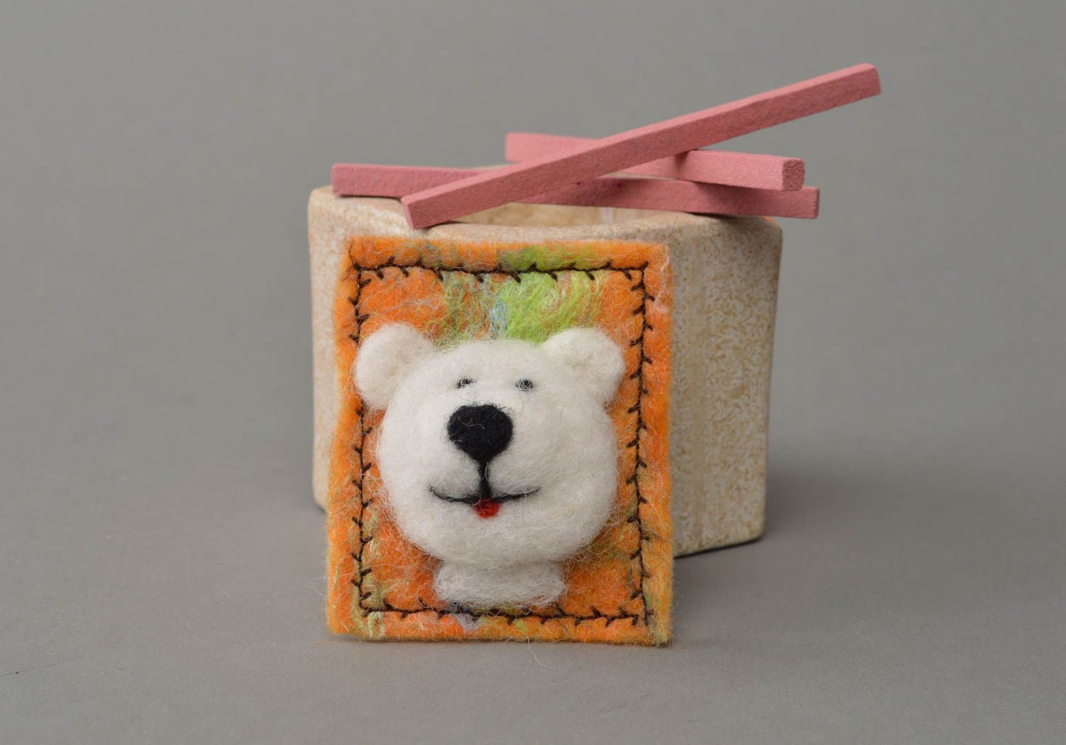 Textile beautiful cute small handmade fridge magnet in shape of white bear photo 1