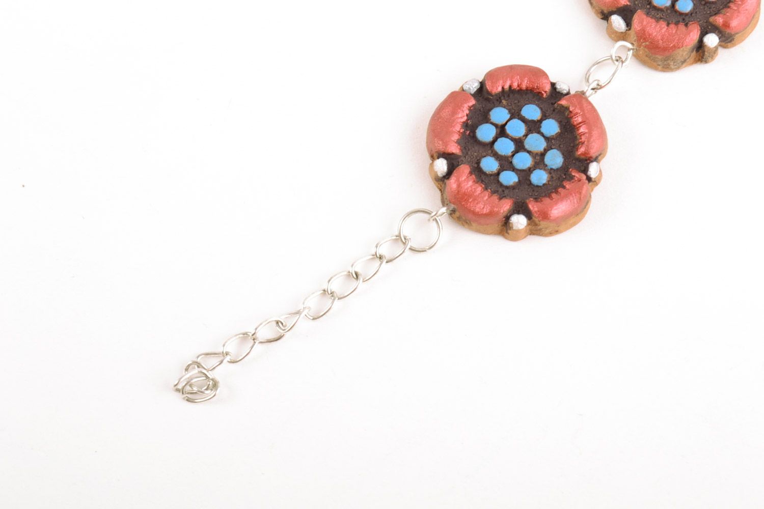 Women's wrist bracelet with flat ceramic painted floral beads handmade photo 5