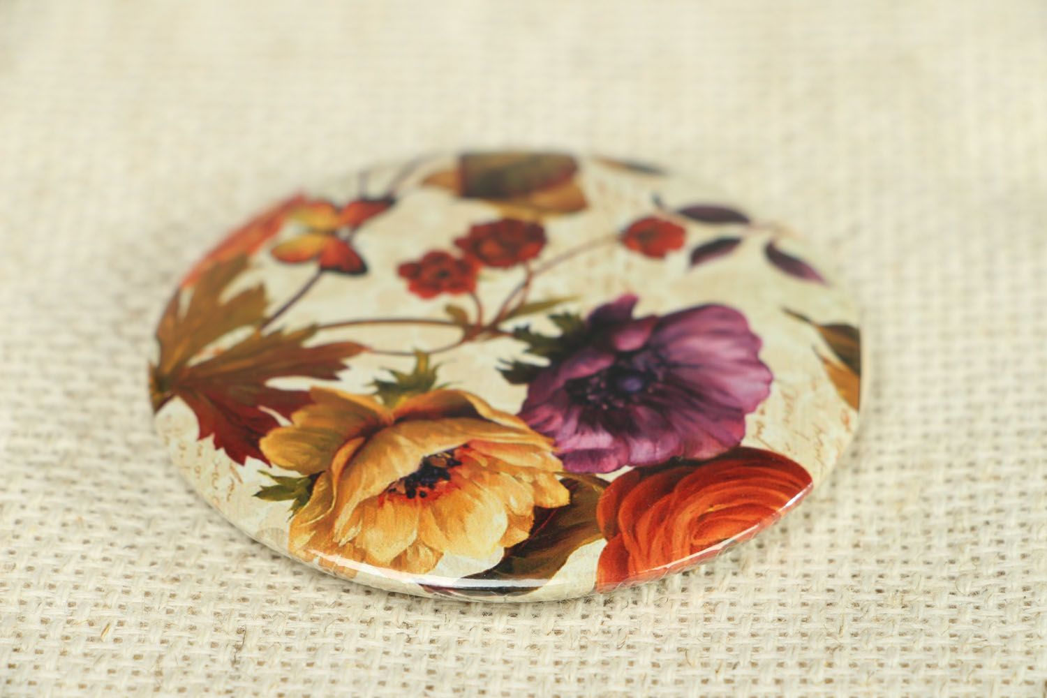 Miroir de poche fait main original rond accessoire pour femme avec fleurs photo 2