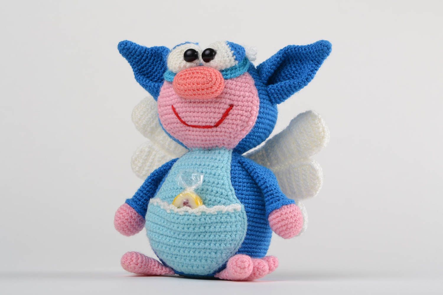 Handmade small soft toy crocheted of acrylic threads blue elf for children photo 1