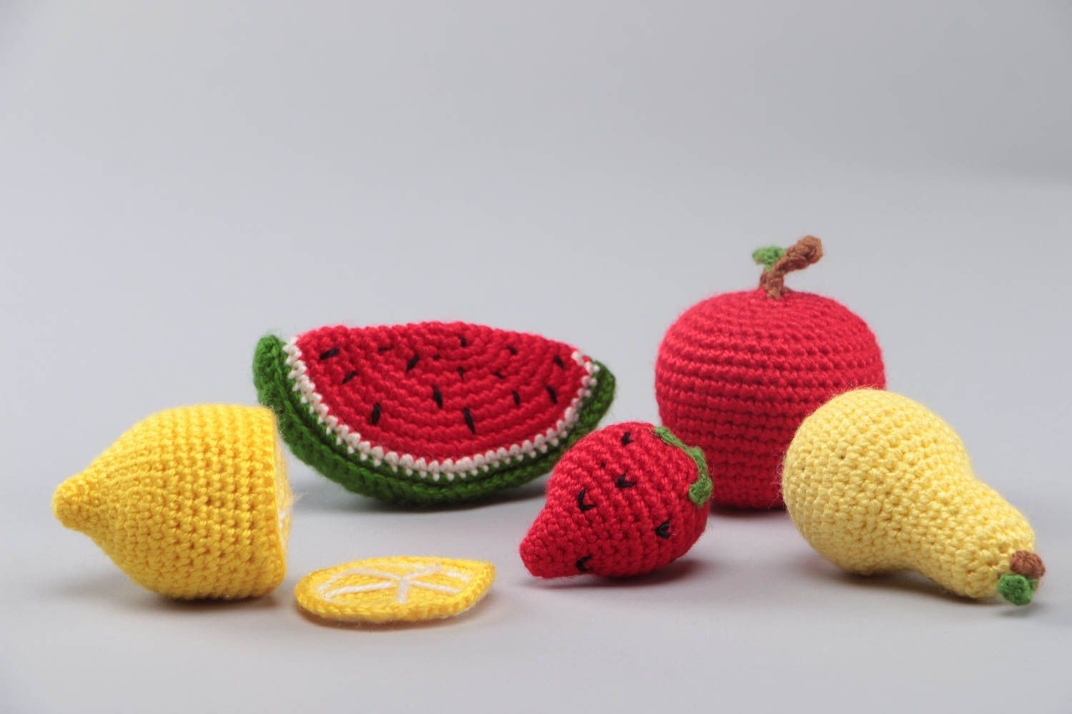 Set of 6 handmade crocheted soft colorful fruit toys for kids and interior decor photo 3