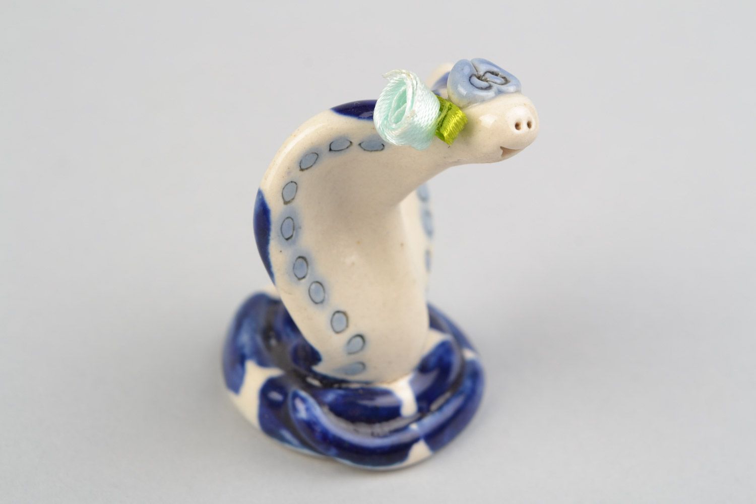 Handmade decorative miniature ceramic figurine of cobra Slavic porcelain photo 1