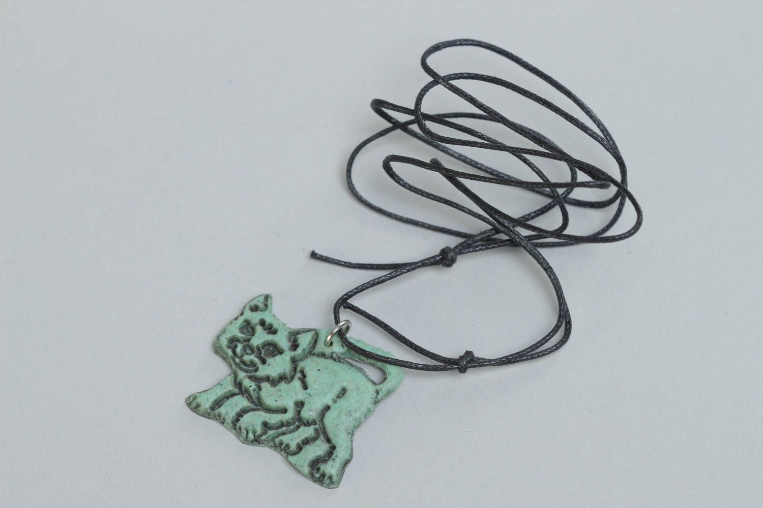 Handmade designer polymer clay pendant necklace in the shape of kitten on cord  photo 2