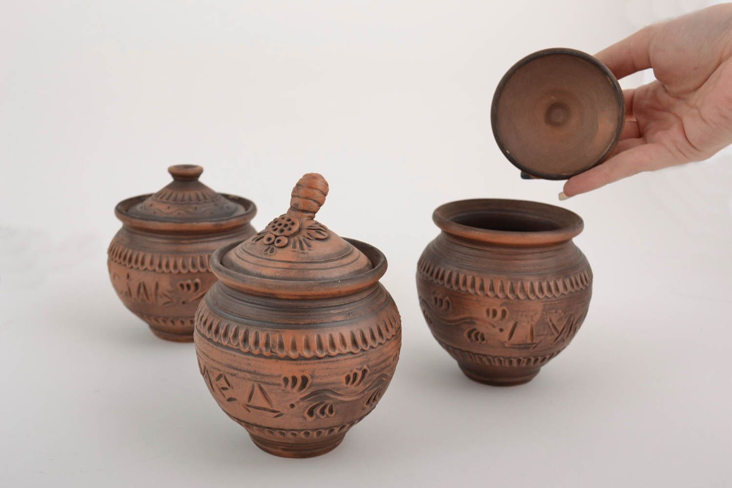 Beautiful handmade clay pots set 200 ml each sugar bowl honey pot and salt pot photo 2