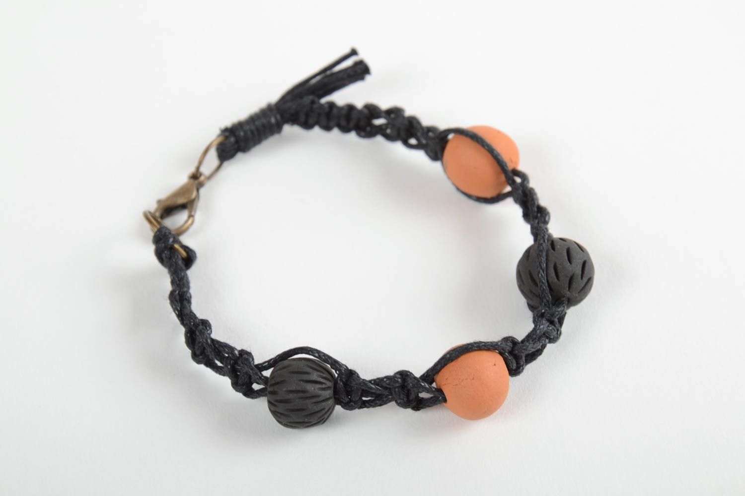 Bracelet textile Bijou fait main tressé noir perles argile Accessoire femme photo 6