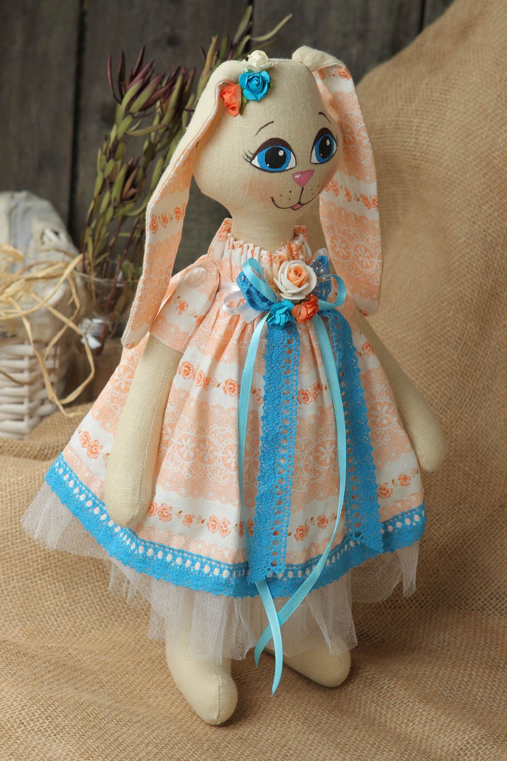 Peluche lapin Jouet fait main décoratif en coton et lin Cadeau original enfant photo 1