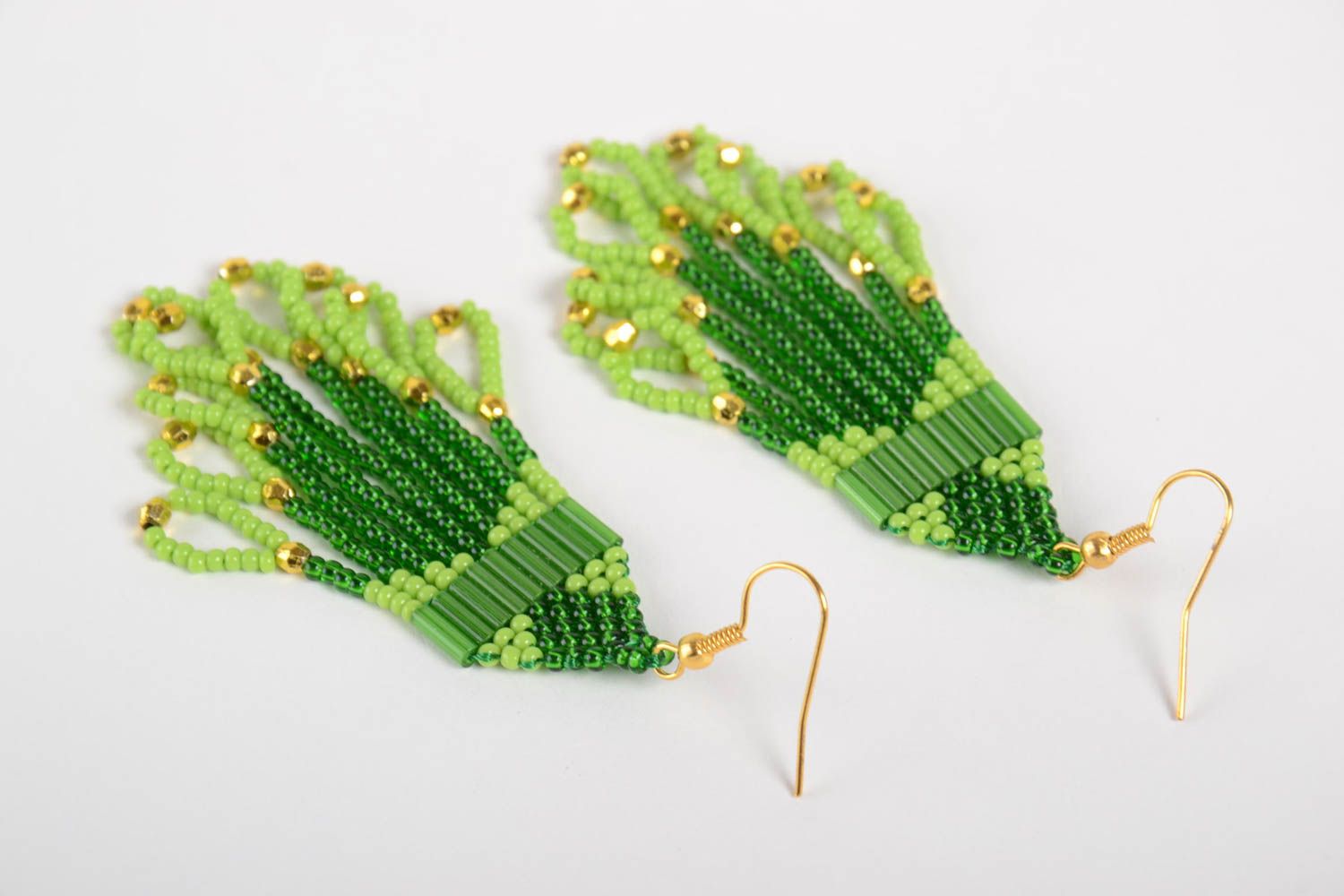 Handmade green earrings beaded long accessories earrings with charms for girls photo 5