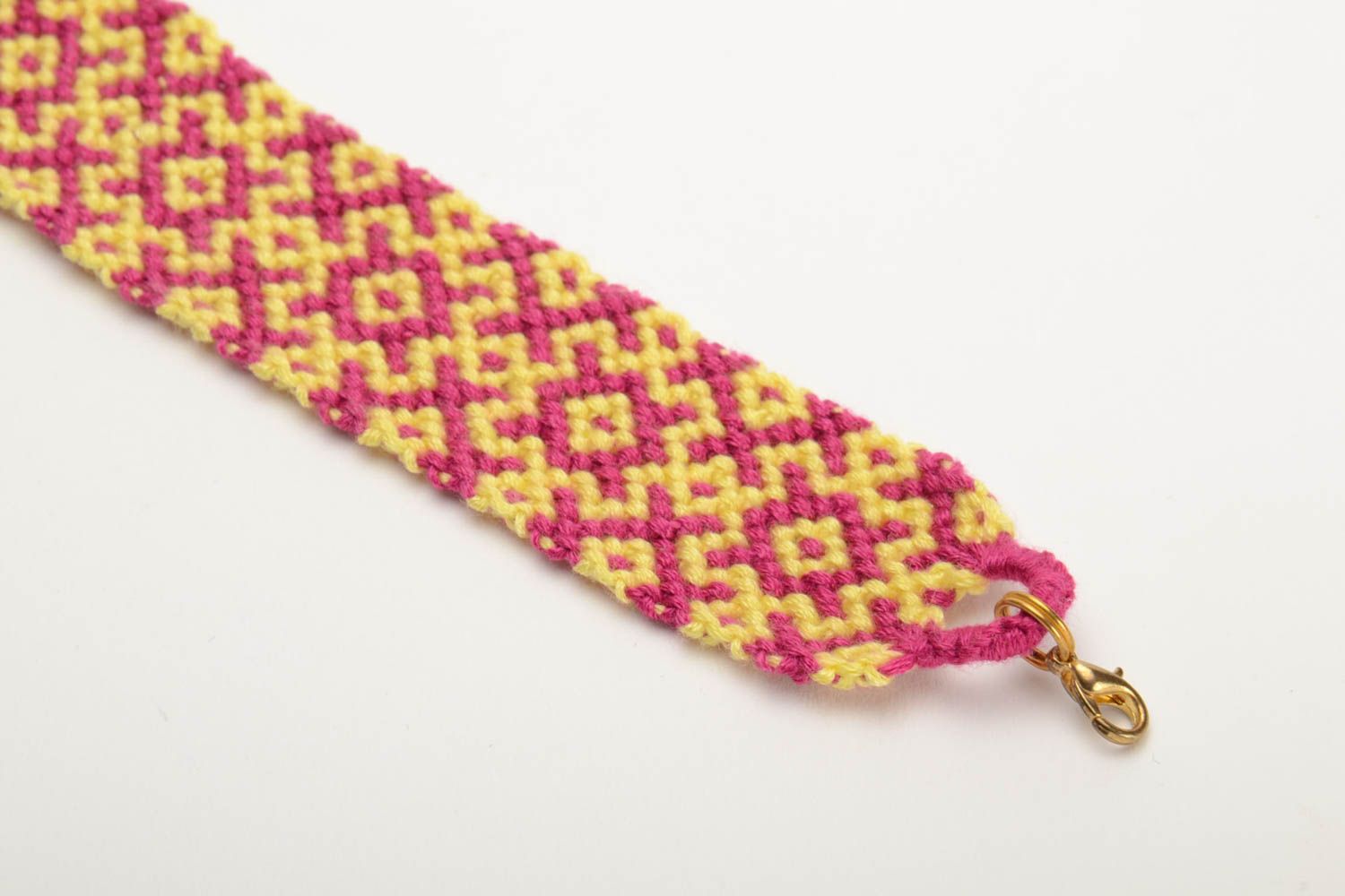Pink and yellow handmade beautiful wide bracelet woven of embroidery floss photo 2