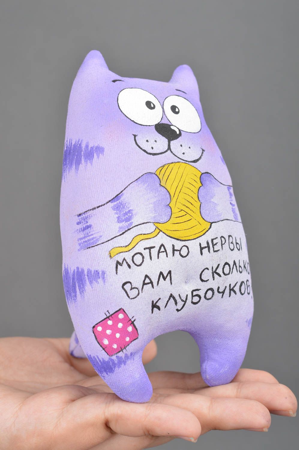 Handmade designer cotton fabric soft toy with painting and funny lettering Cat photo 3
