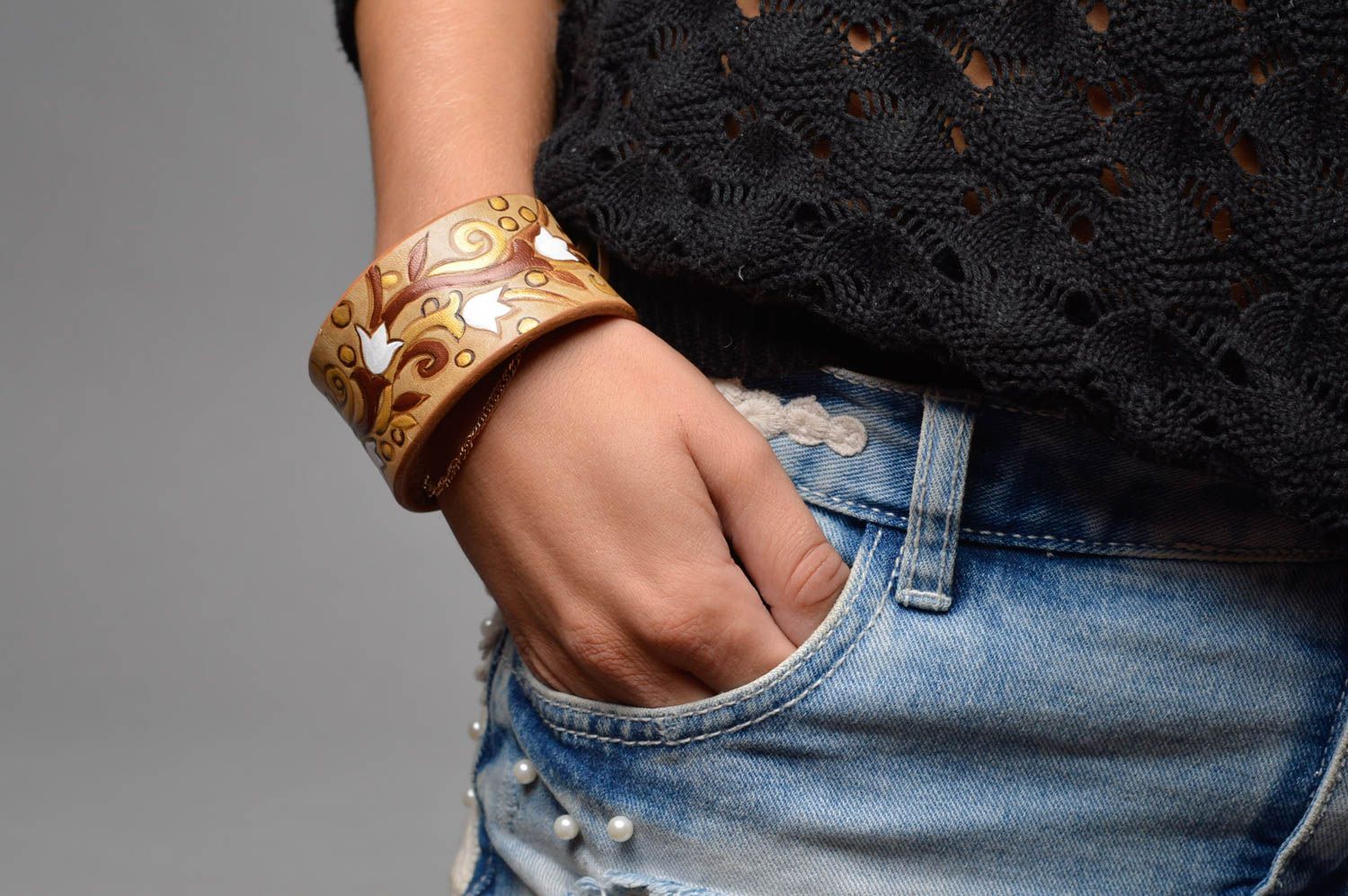 Bracelet cuir naturel Bijou fait main motif floral Accessoire femme tendance photo 5