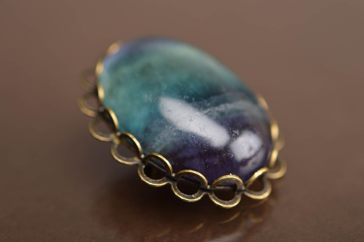 Unusual beautiful blue handmade designer oval metal brooch with natural stone photo 5