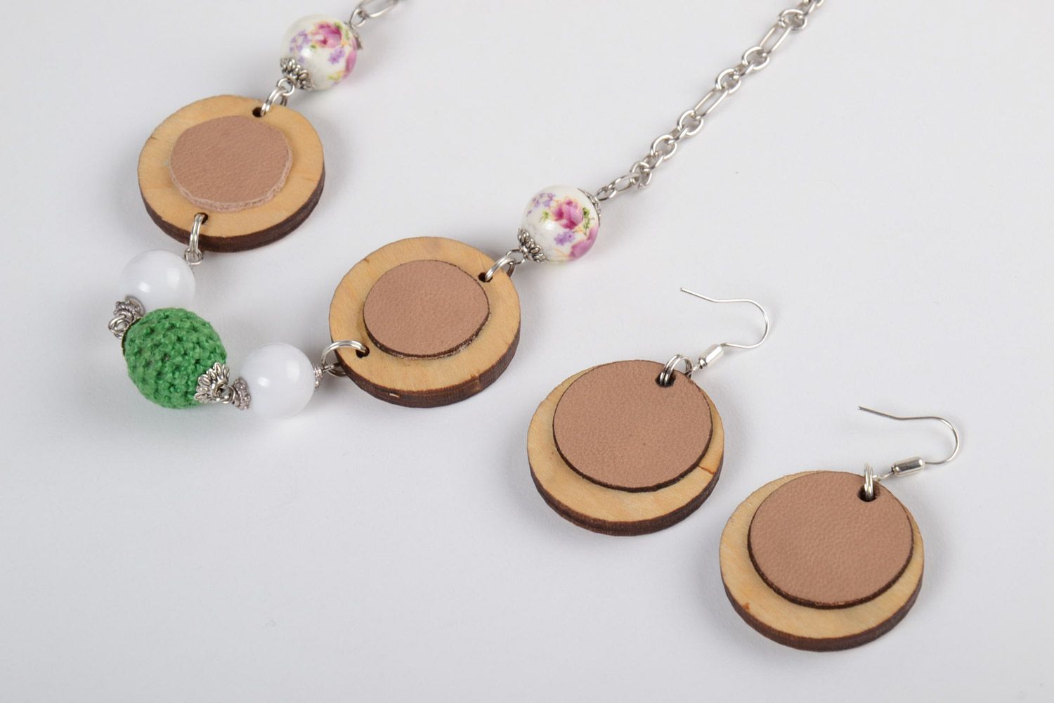 Handmade jewelery set made of plywood necklace and earrings with cross-stitch embroidery photo 3