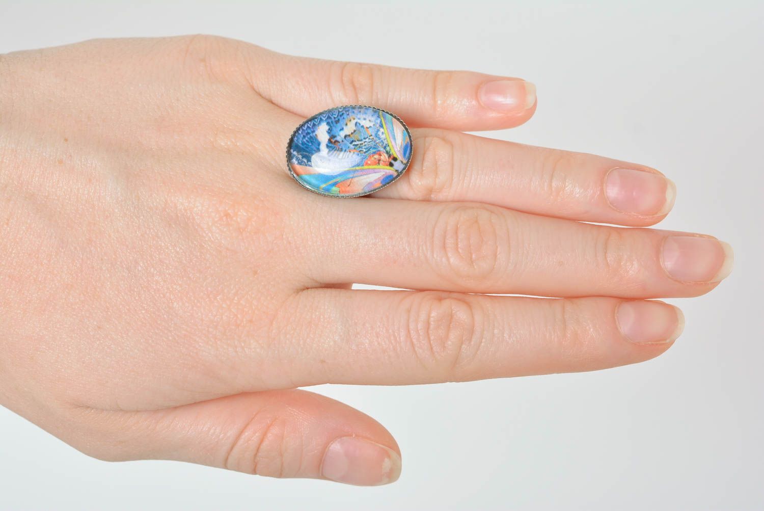 Bague ovale bleue Bijou fait main métal verre imprimé Cadeau femme original photo 3