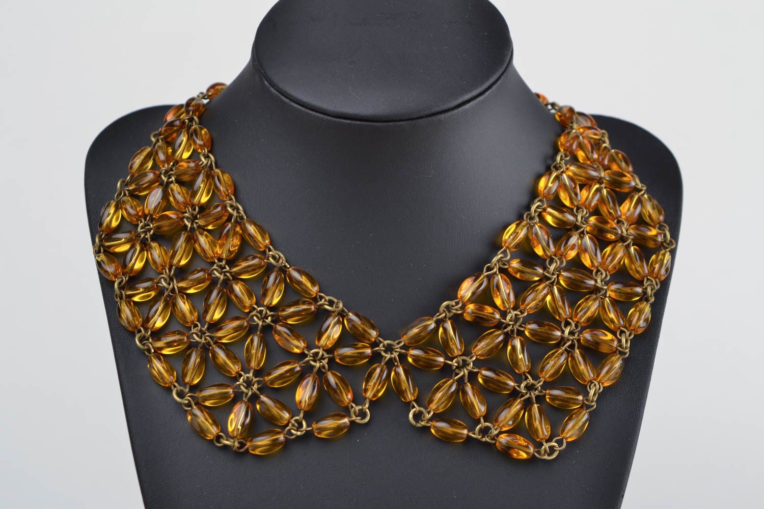 Beautiful handmade woven glass bead collar necklace of amber color photo 1