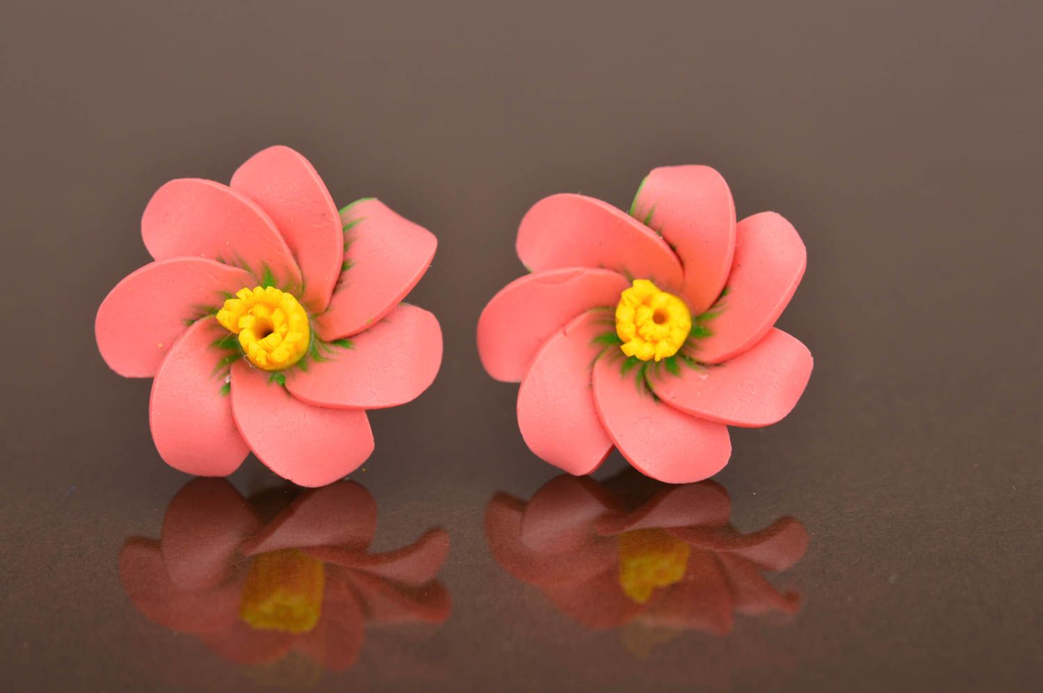 Coralline and yellow stud earrings made of polymer clay in shape of flowers  photo 2