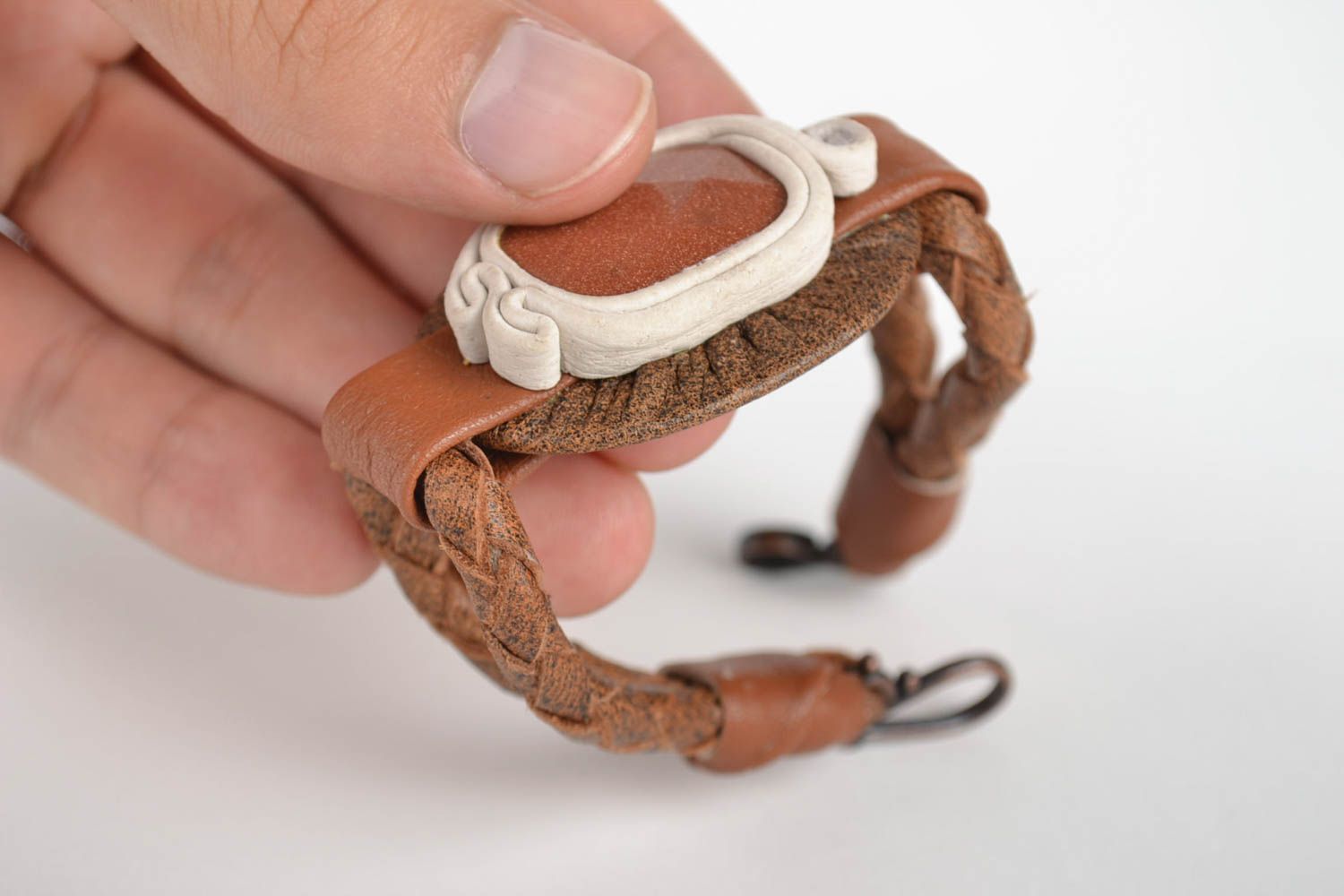 Handmade leather bijouterie designer textile bracelet with goldstone accessories photo 5
