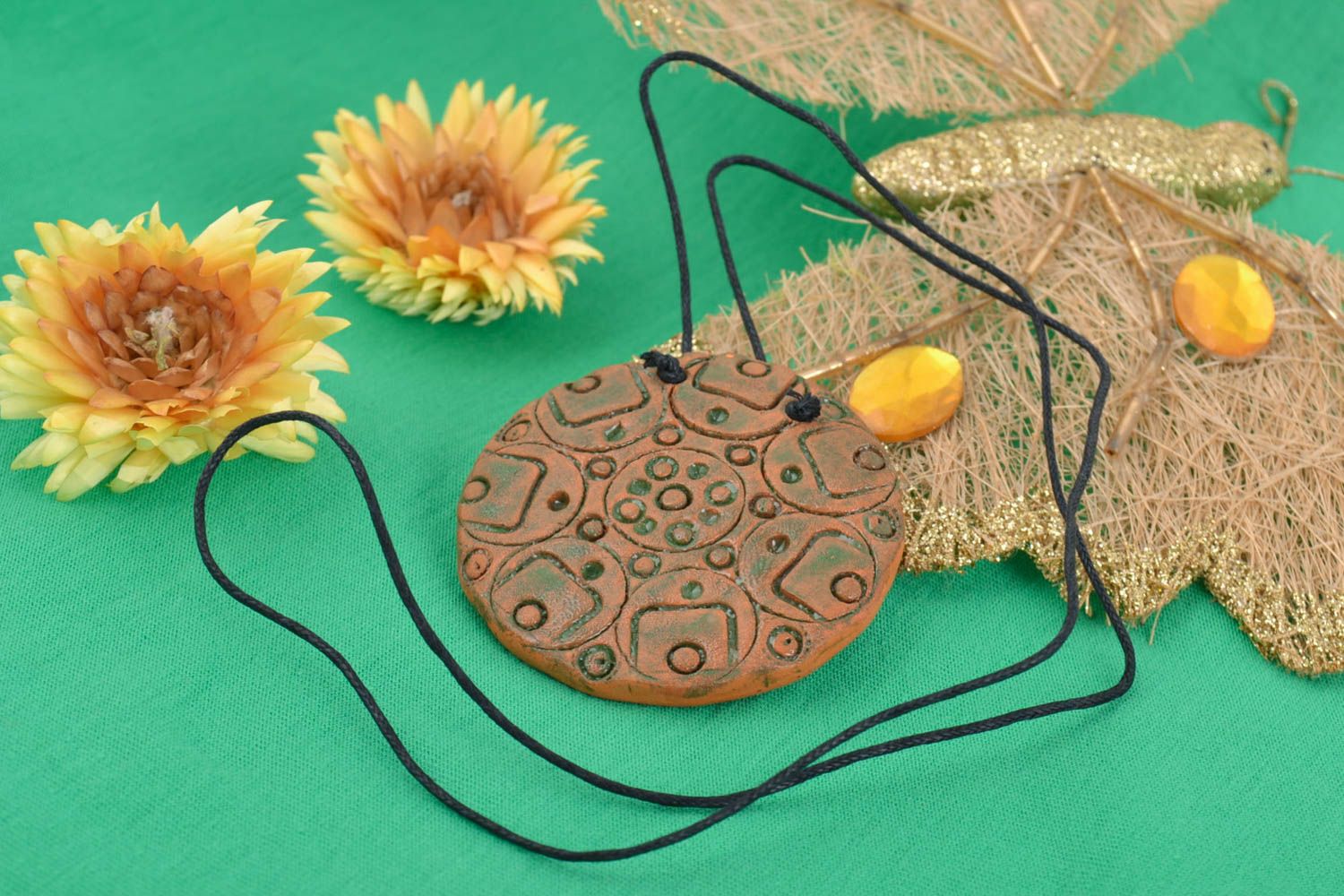 Handmade pendant made of red clay with unusual design stylish accessory photo 1