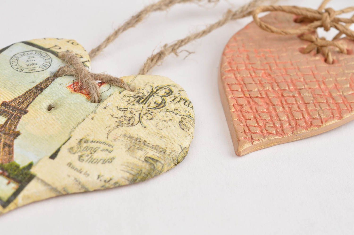 Фигурки из глины керамика ручной работы декор на стену сердца декупаж 3 шт фото 3