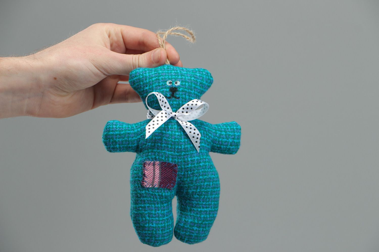 Cute handmade soft toy bear sewn of fabric of turquoise color with eyelet photo 4