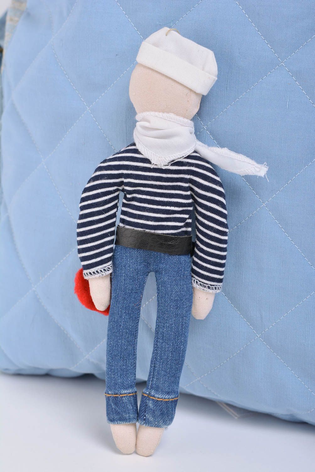 Handmade designer interior soft toy boy sailor in striped sweater and white hat photo 3