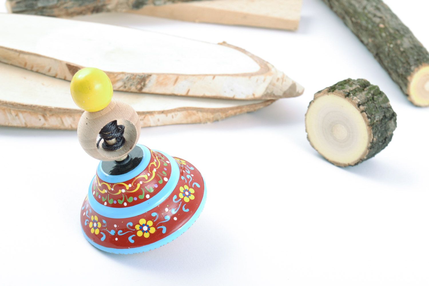 Handmade wooden eco toy spinning top with ring for fine motor skills development photo 1