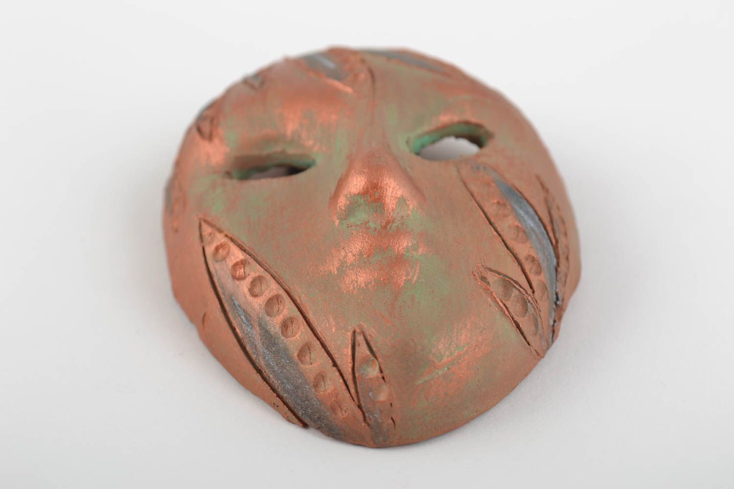 Handmade fridge magnet in shape of carnival mask made of red clay photo 5
