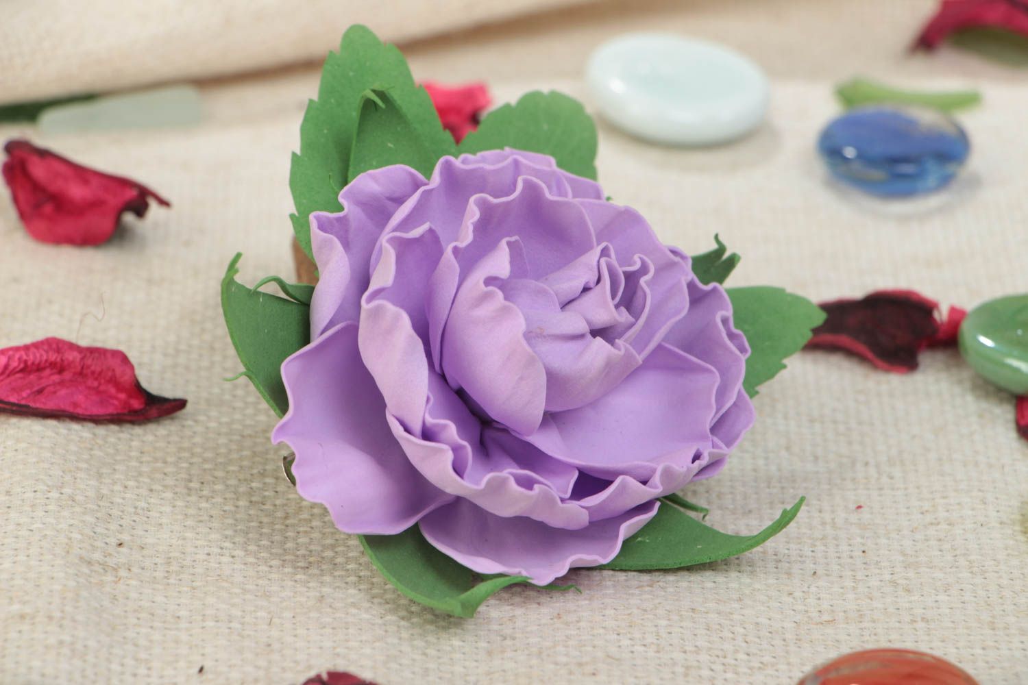 Handmade decorative hair clip brooch with double fastener and foamiran flower photo 1