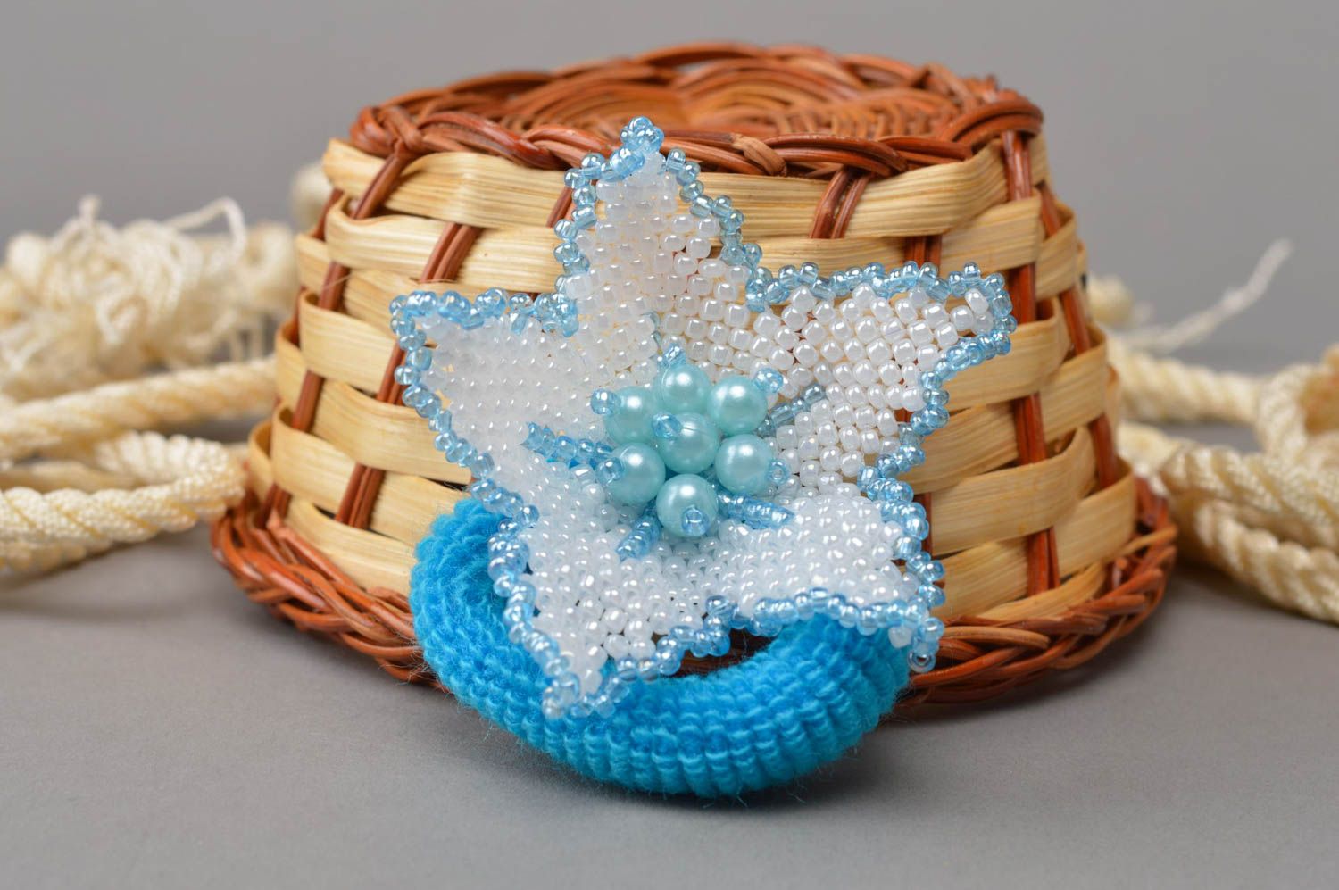 Stylish handmade elegant beautiful blue scrunchy woven of blue and white beads photo 1