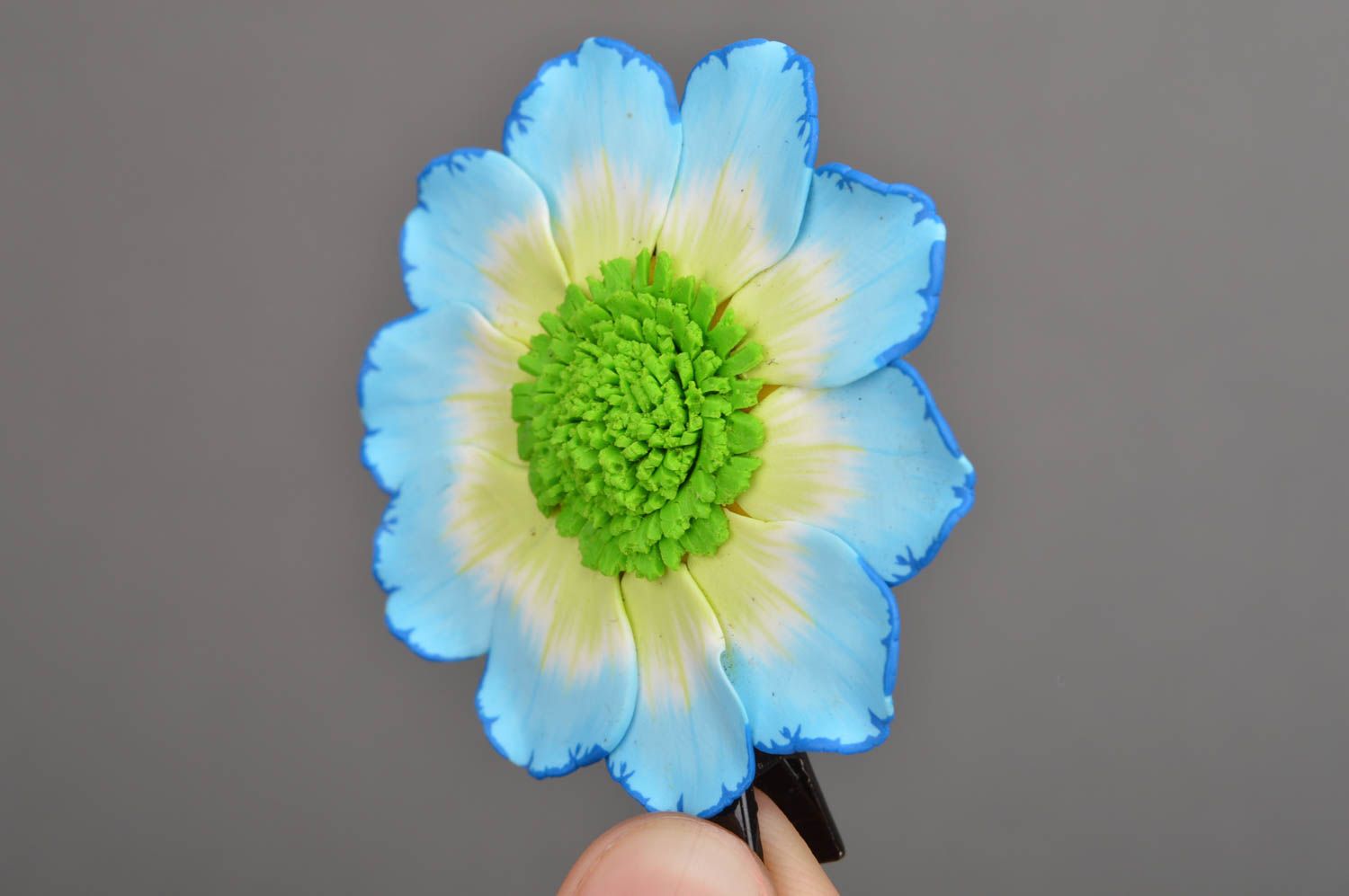 Handmade designer metal hair clip with small polymer clay blue and green flower photo 2